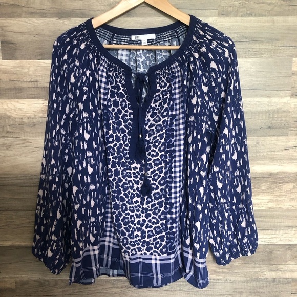 Boho Balloon Sleeve Tie Front Smocked Gingham Blouse XL - Picture 2 of 10